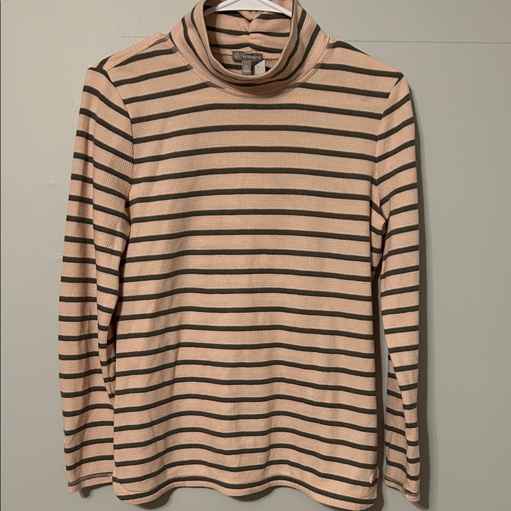 Talbots Beige/french vanilla and olive Striped loose Turtleneck Sweater. Med P.